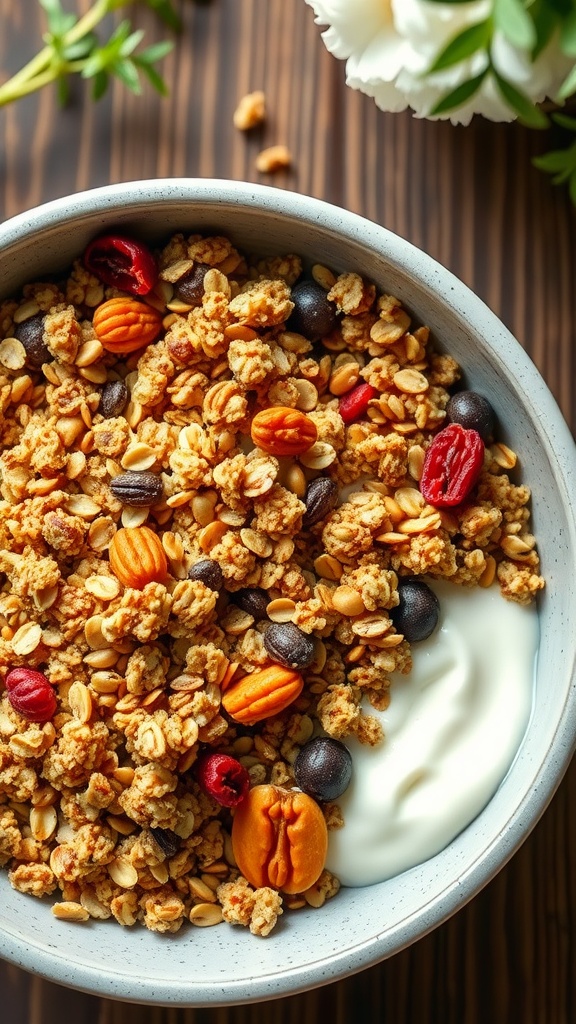 Crispy quinoa granola with oats, nuts, and dried fruits in a rustic bowl, served with yogurt on a wooden table.